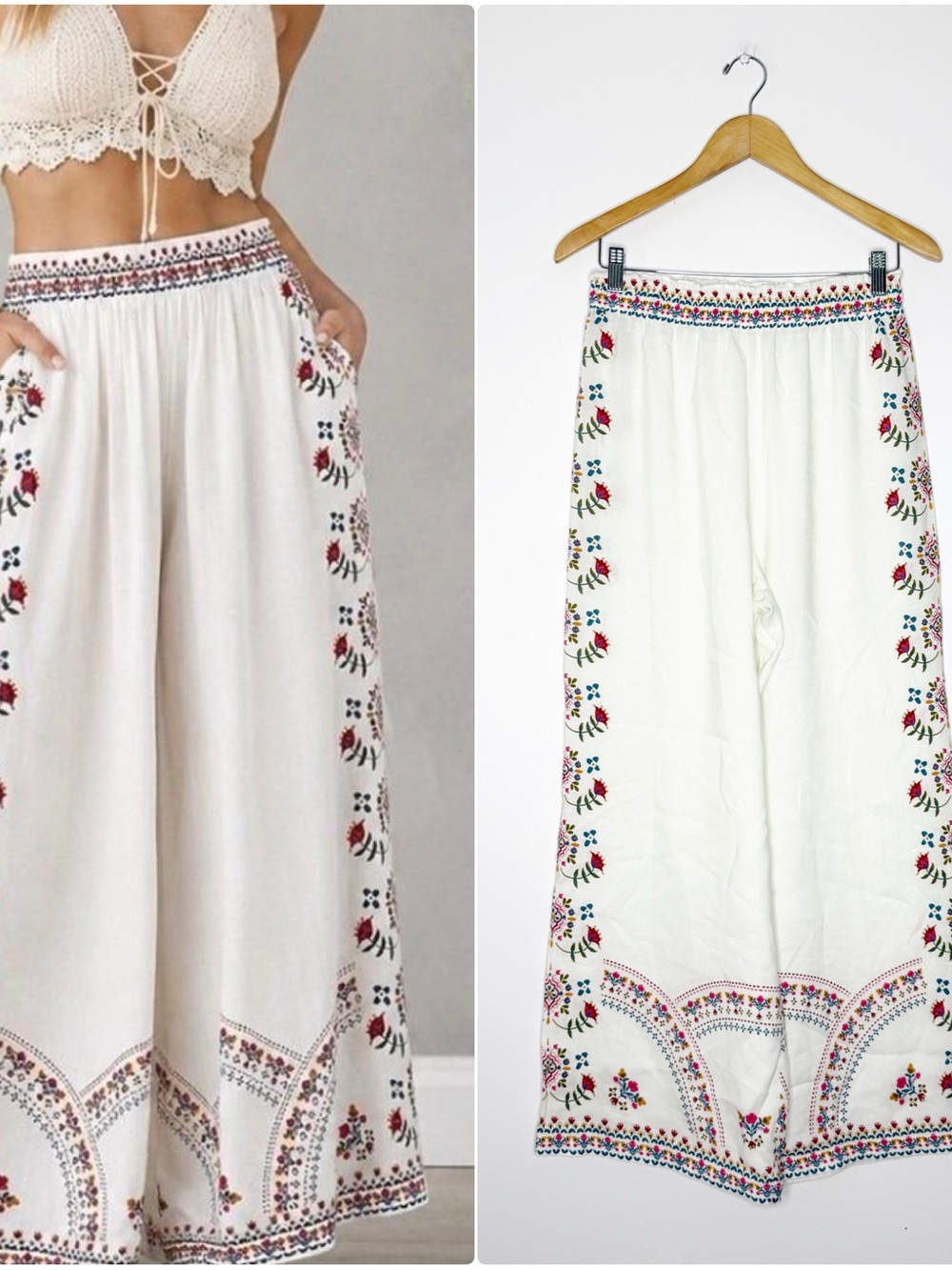 Natural Life Wide Leg Pull-On Pants Women’s Medium White Floral Linen Blend